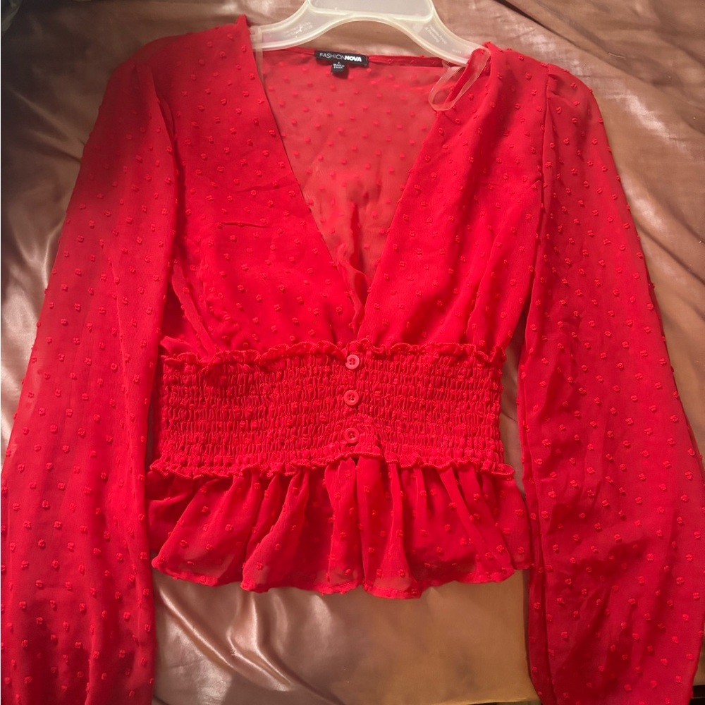 Fashion Nova Red Long Sleeve Smocked Peplum Blouse